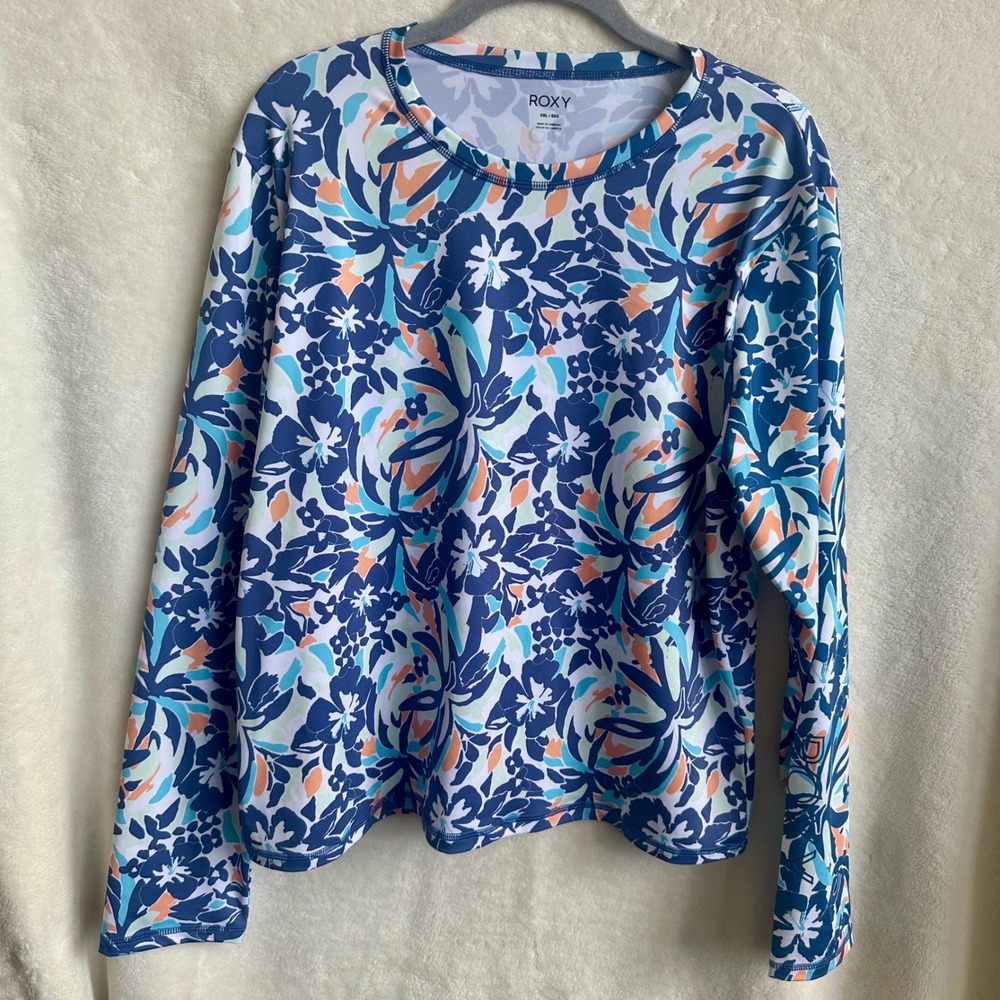 Roxy Blue Orange White Hawaiian Print Long Sleeve Rash Guard Sun Shirt Size XXL